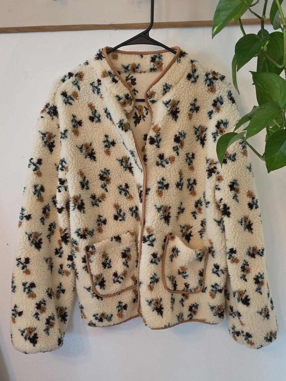 Cream Floral Sherpa Jacket with Brown Trim Accents